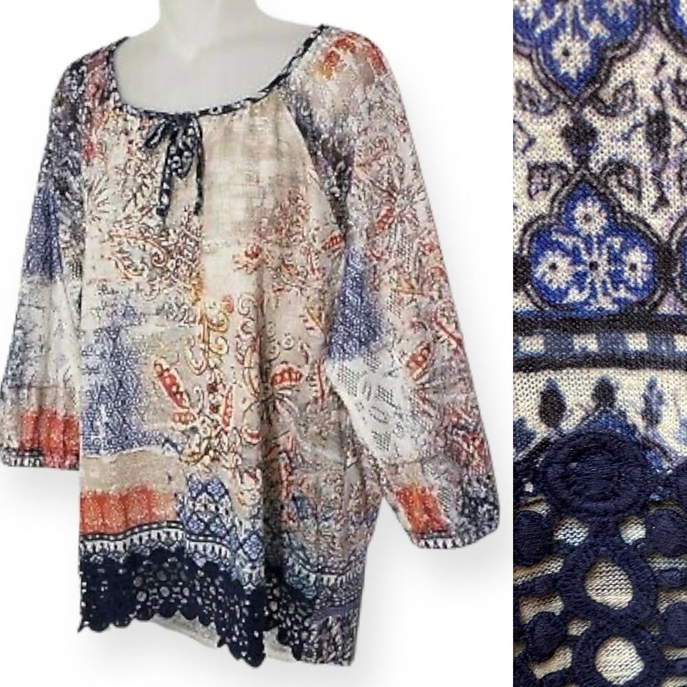 Chico’s Womens Top Size 0 Size Small Bohemian Bonnie 3/4 Sleeve Peasant Crochet